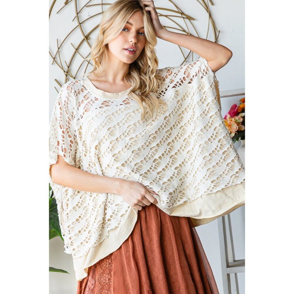 Oli & Hali Washed Crochet Layered Knit Top